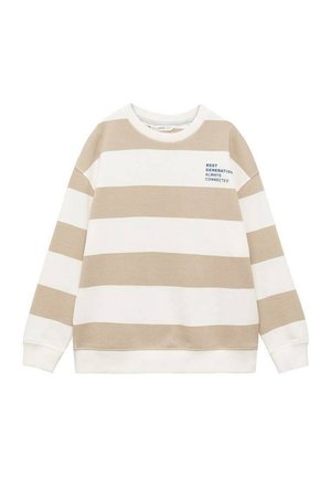 Sweatshirt beige et blanc rayé avec encolure et poignets côtelés. Présente un texte imprimé en bleu sur la poitrine. Texture de tissu douce.