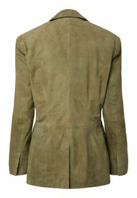 Oliivirohelise seemisnaha pintsak, millel on pikad varrukad, tagumine lõhik ja struktuuriga õmblused, kujutatud tahapoole valge tausta ees.