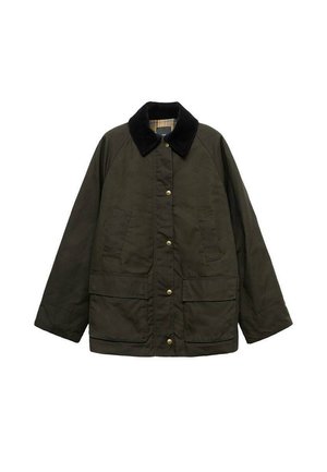 Olivegrüne Baumwolljacke mit einem Cordkragen, Druckknopfverschlüssen und zwei Fronttaschen. Mit Raglanärmeln und einem lässigen Schnitt.