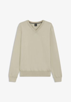 Beige long-sleeve V-neck sweater with ribbed cuffs and hem, featuring a small embroidered "BOSS" logo on the chest and inside label.
