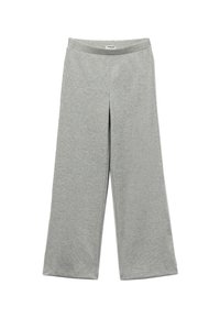Lichtgrijze wijde broek met een elastische tailleband, gemaakt van zachte stof. Kenmerkt zich door strakke lijnen en geen zichtbare patronen of accenten.