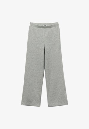 Pantaloni a gamba larga grigio chiaro con una cintura elastica, realizzati in un tessuto morbido. Presentano linee pulite e nessun motivo o accento visibile.