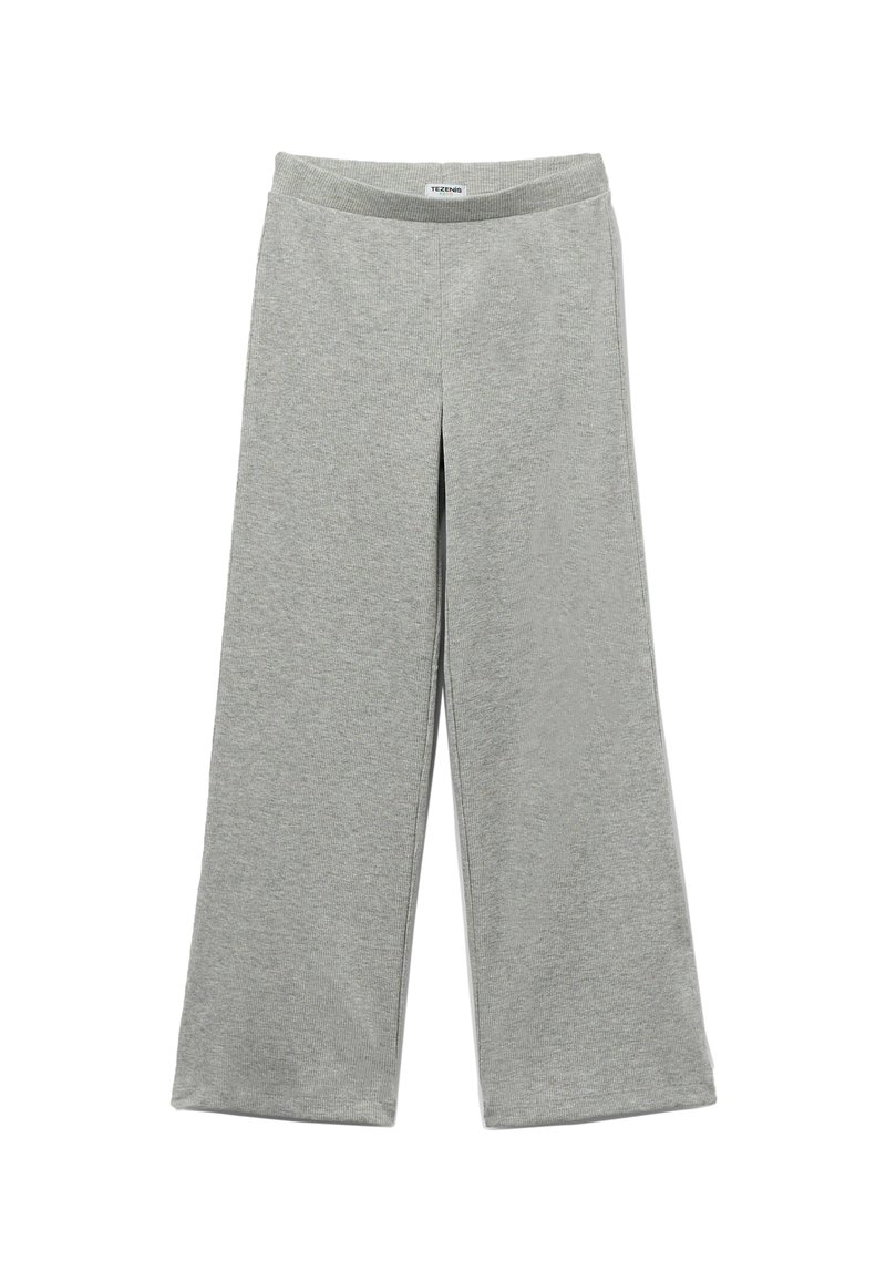 Lichtgrijze wijde broek met een elastische tailleband, gemaakt van zachte stof. Kenmerkt zich door strakke lijnen en geen zichtbare patronen of accenten.