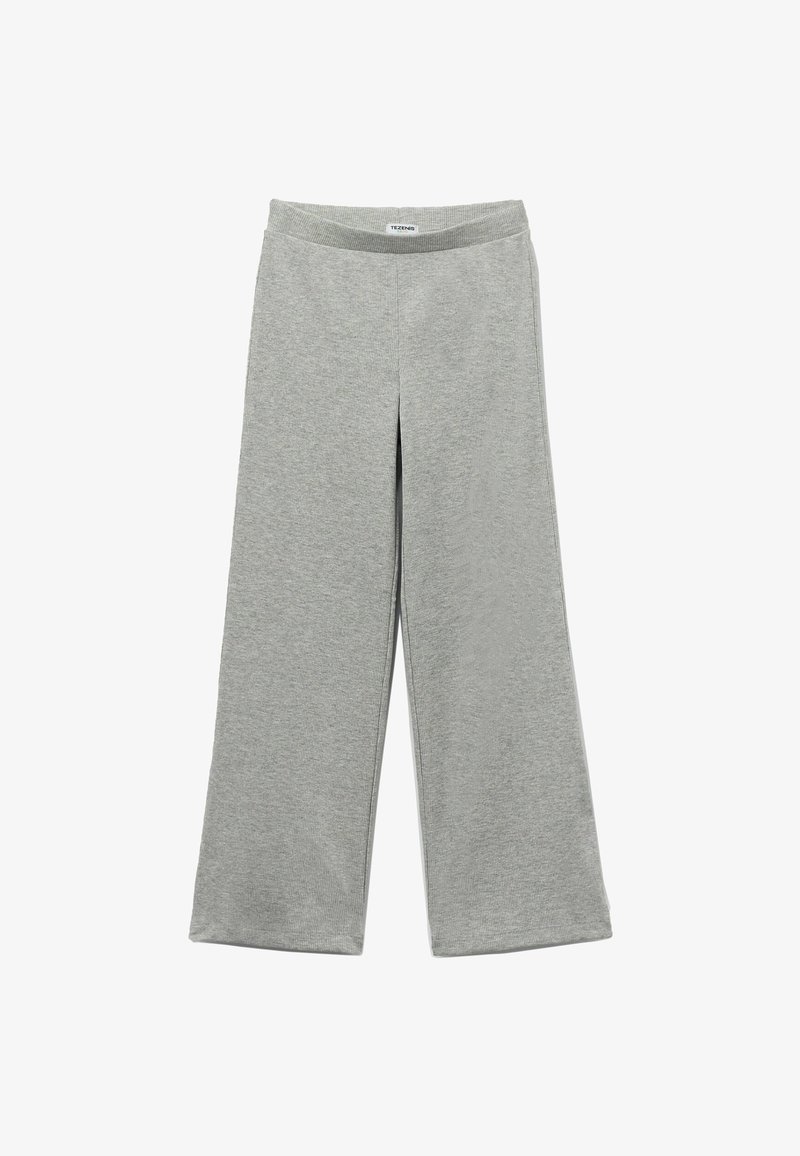 Helle graue weiter Hosen mit einem elastischen Bund, aus weichem Stoff gefertigt. Sie verfügen über klare Linien und keine sichtbaren Muster oder Akzente.