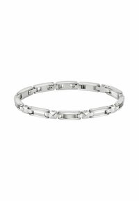 Bracciale in acciaio inossidabile con collegamenti ad incastro, caratterizzato da sezioni rettangolari e quadrate, con finiture lucide e spazzolate, di colore argento.