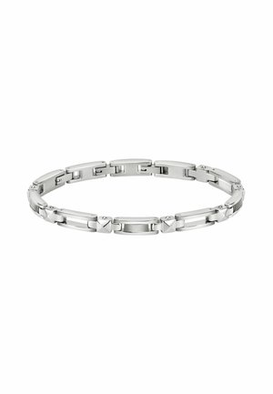 Bracciale in acciaio inossidabile con collegamenti ad incastro, caratterizzato da sezioni rettangolari e quadrate, con finiture lucide e spazzolate, di colore argento.