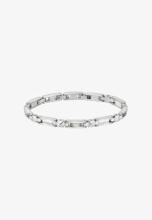 Bracciale in acciaio inossidabile con collegamenti ad incastro, caratterizzato da sezioni rettangolari e quadrate, con finiture lucide e spazzolate, di colore argento.