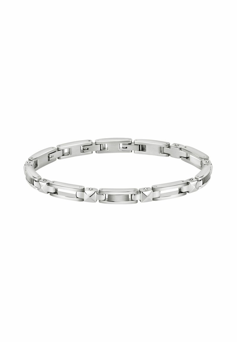 Bracciale in acciaio inossidabile con collegamenti ad incastro, caratterizzato da sezioni rettangolari e quadrate, con finiture lucide e spazzolate, di colore argento.