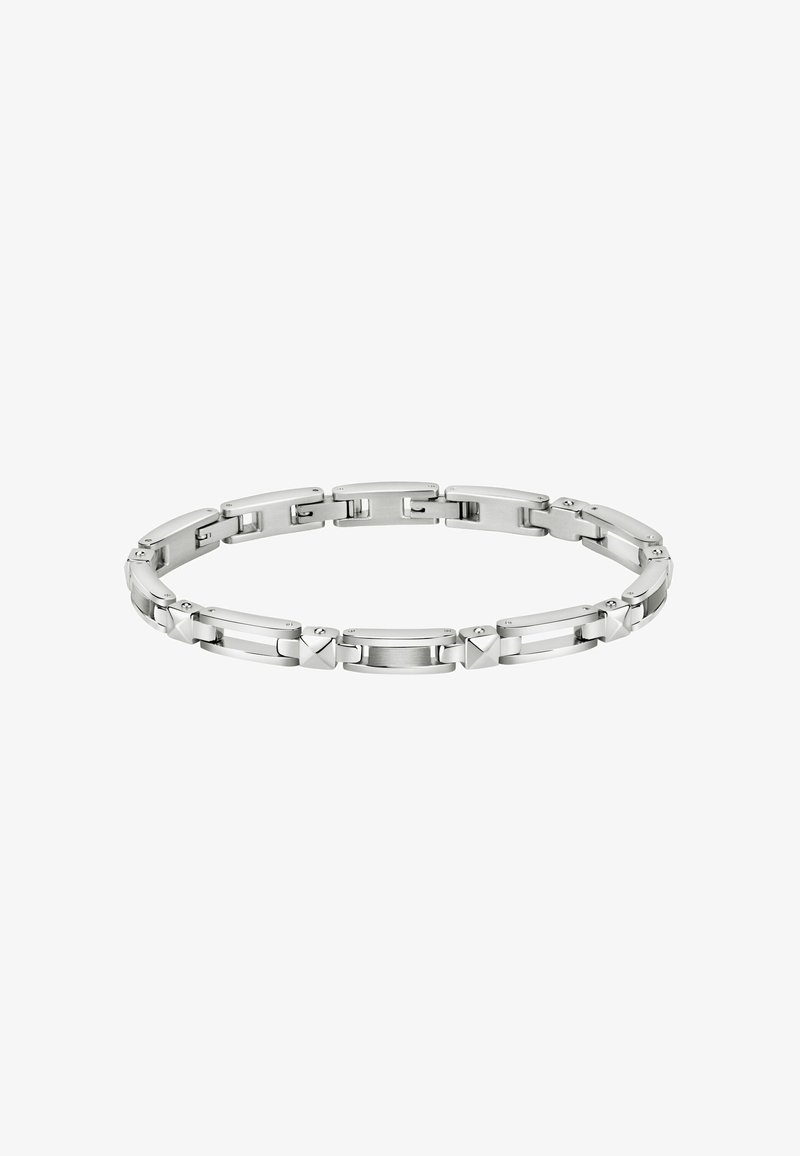 Bracciale in acciaio inossidabile con collegamenti ad incastro, caratterizzato da sezioni rettangolari e quadrate, con finiture lucide e spazzolate, di colore argento.