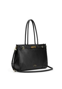 Borsa a tracolla nera in pelle con manici doppi, hardware dorato, superficie testurizzata e tracolla regolabile. Presenta una forma strutturata e un logo.