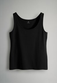 Maiou negru cu decolteu rotund și bretele late. Confecționat dintr-un material neted, are un design simplu, ajustat, fără ornamente.