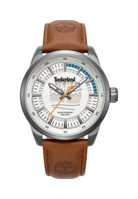 Hodinky Timberland so strieborným puzdrom z nerezovej ocele, béžovým koženým remienkom, bielym ciferníkom, čiernymi a modrými značkami na hodinách a oranžovou sekundovou ručičkou.