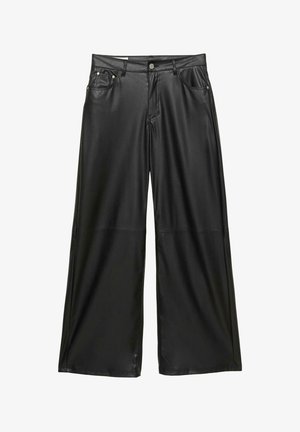 Black faux leather wide-leg trousers with a smooth texture, featuring a front button and zip closure, and two side pockets.