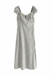 Gingham suknelė su pūstu rankovėmis, lengvas audinys, mėlynos ir baltos juostelės raštas, raukšlėta krūtinė, surišimo detalė ir šoninė skeltukas.