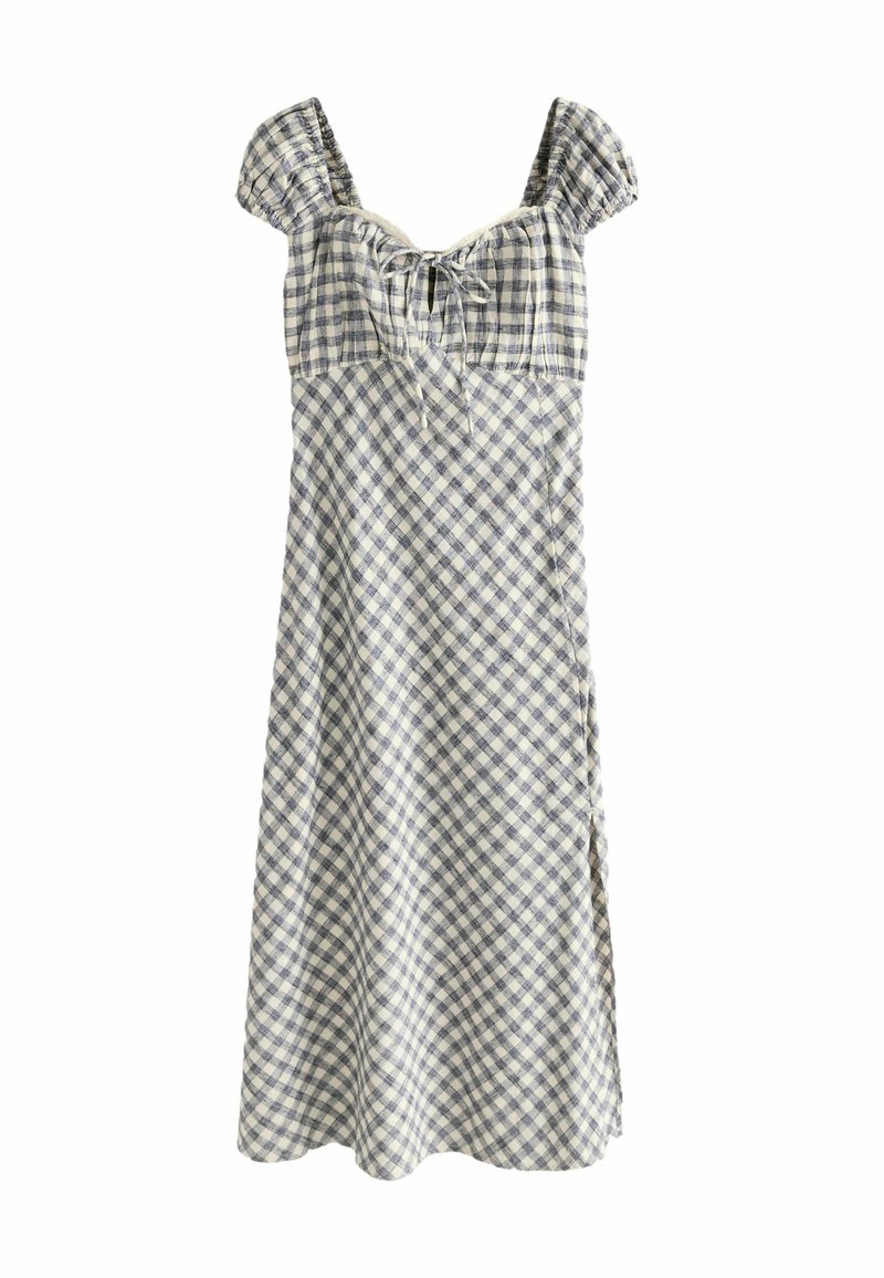 Gingham suknelė su pūstu rankovėmis, lengvas audinys, mėlynos ir baltos juostelės raštas, raukšlėta krūtinė, surišimo detalė ir šoninė skeltukas.