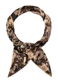 Seidenschal mit einem Tarnmuster in Brauntönen und Grüntönen, mit einem goldenen Rand und einem geknoteten Detail auf der Vorderseite.