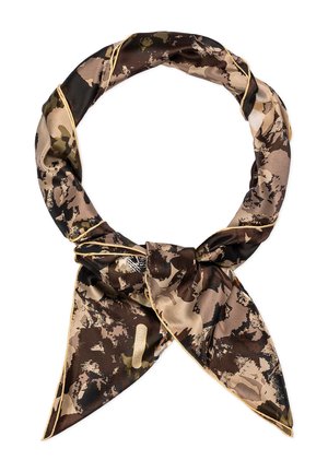 Seidenschal mit einem Tarnmuster in Brauntönen und Grüntönen, mit einem goldenen Rand und einem geknoteten Detail auf der Vorderseite.
