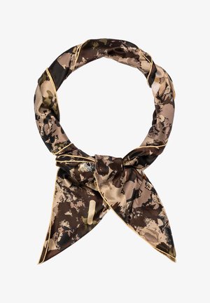 Silk scarf featuring a camouflage pattern in browns and greens, with a golden trim and a knotted detail at the front.
