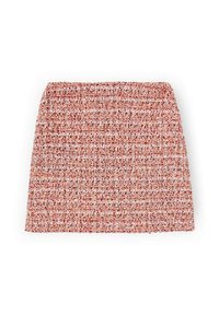 Texturovaná pletená sukně v červených a oranžových tónech, s těsným střihem a rovným siluetou. Hladký pas bez viditelných zapínání.