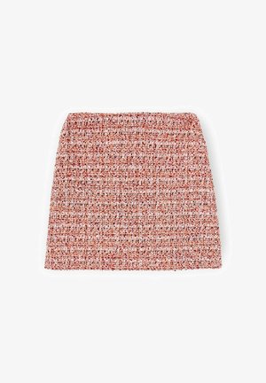 Gonna a maglia texturizzata in sfumature di rosso e arancione, caratterizzata da un design aderente e una silhouette dritta. Vita liscia senza chiusure visibili.