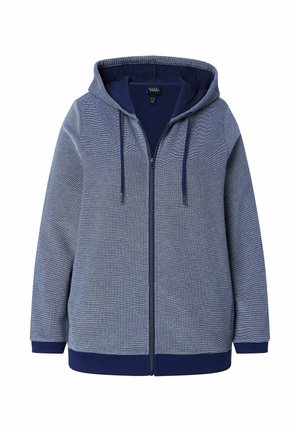 Blauer Kapuzenpullover mit Reißverschluss, Kordelzug, langen Ärmeln, gerippten Bündchen und Saum, mit einem dezenten strukturierten Muster.