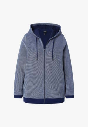 Blå lynlåstrøje med snører, lange ærmer, ribbet manchetter og kant, med et diskret teksturmønster.