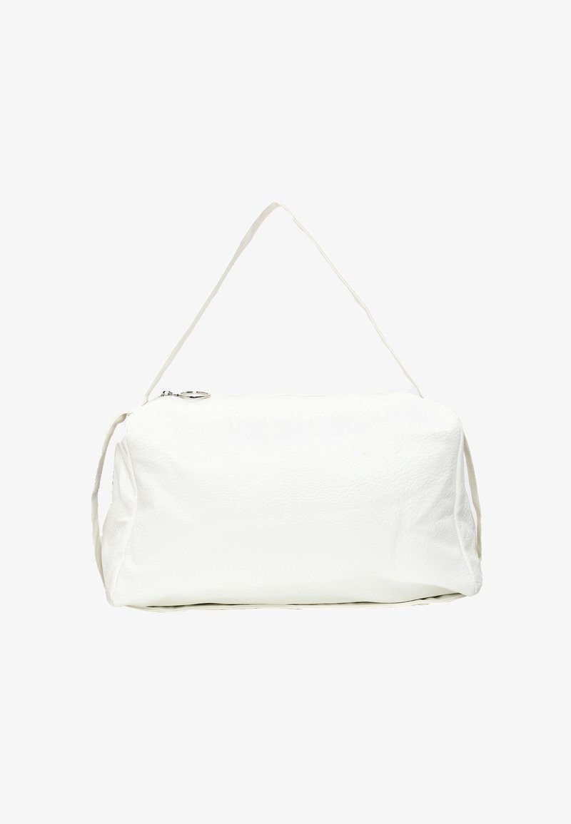 White leather handbag with a smooth texture, rounded shape, single shoulder strap, and a zip closure at the top.