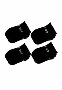 Vier Paare schwarze Knöchelsocken mit weißem Puma-Logo und der Größe 35 auf den Seiten, paarweise auf einem weißen Hintergrund angeordnet.