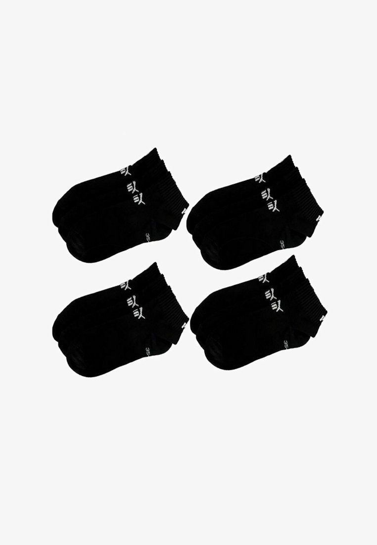 Vier Paare schwarze Knöchelsocken mit weißem Puma-Logo und der Größe 35 auf den Seiten, paarweise auf einem weißen Hintergrund angeordnet.
