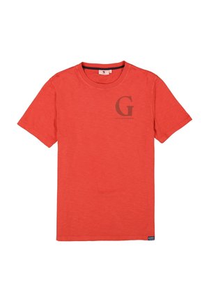 Red short-sleeve t-shirt made of cotton, featuring a round neck, a subtle texture, and a black "G" logo printed on the front.