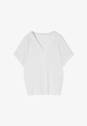 White short-sleeve V-neck T-shirt made from soft fabric. Features a relaxed fit and subtle texture. Minimalist and versatile design.