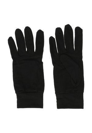 Sorte handsker lavet af et blødt, strækbart stof med fem-finger design, der har en tætsiddende pasform ved håndleddet og ingen synlig hardware eller udsmykninger.