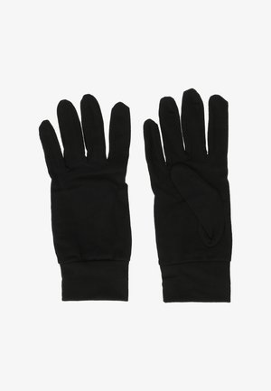 Sorte handsker lavet af et blødt, strækbart stof med fem-finger design, der har en tætsiddende pasform ved håndleddet og ingen synlig hardware eller udsmykninger.