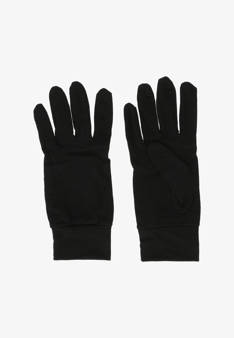 Sorte handsker lavet af et blødt, strækbart stof med fem-finger design, der har en tætsiddende pasform ved håndleddet og ingen synlig hardware eller udsmykninger.