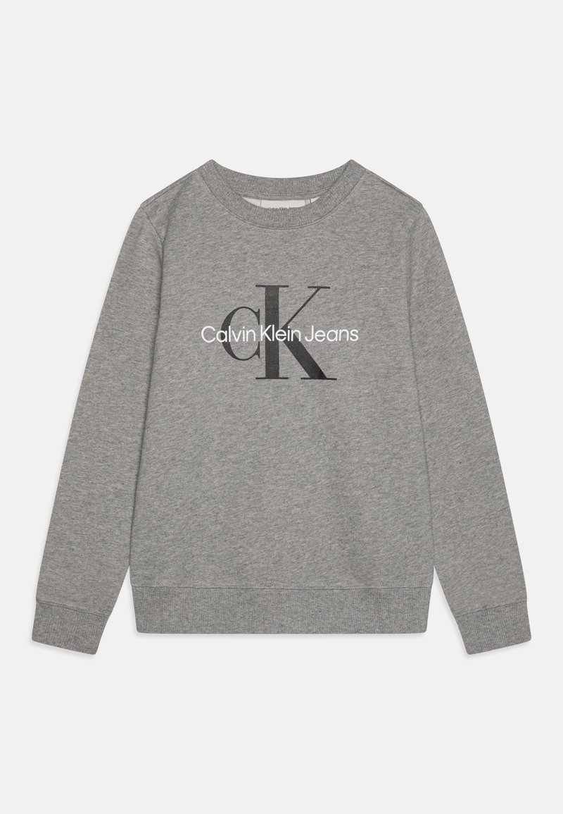 Felpa grigia in misto cotone, con scollatura rotonda, maniche lunghe e un logo stampato nero "Calvin Klein Jeans" con accenti.
