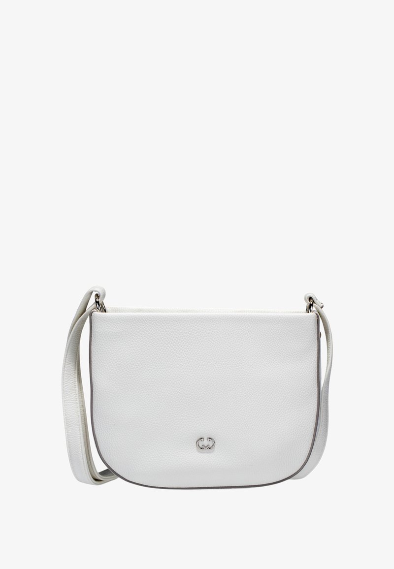 Sac en cuir blanc à bandoulière avec une texture lisse et des bords arrondis, arborant un logo en ton argent et une fine sangle réglable.