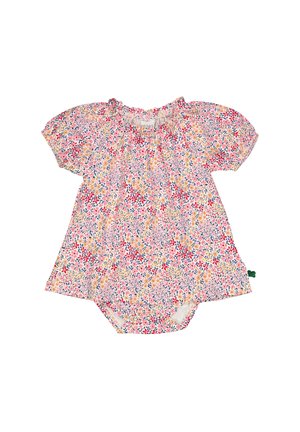 Romper per neonati con motivo floreale, maniche a sbuffo corte, base rosa, variopinti fiori, scollatura arricciata e un'etichetta di accento verde.