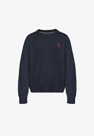 Maglione a maniche lunghe blu navy con scollo rotondo e piccolo logo ricamato rosso sul petto a sinistra.