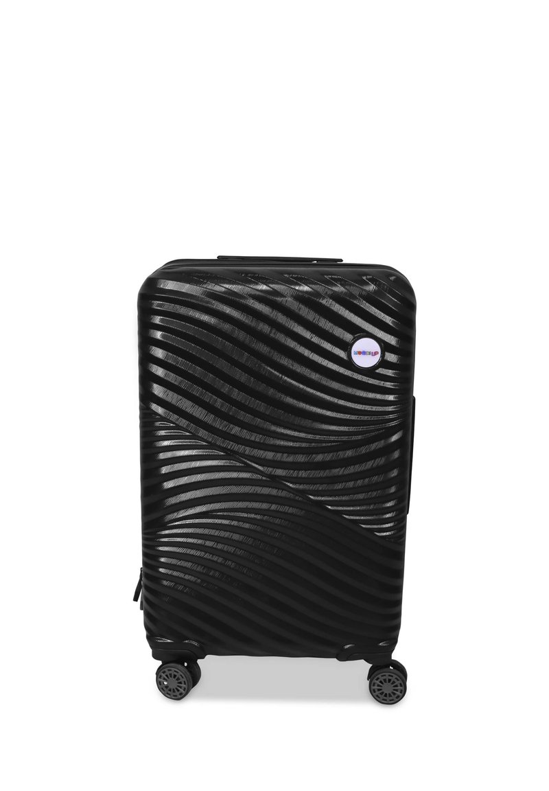 Hard-shell black suitcase with a wavy texture, four wheels, a top handle, and a small logo tag on the front. Compact and durable design.