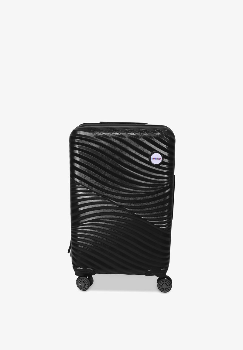 Hard-shell black suitcase with a wavy texture, four wheels, a top handle, and a small logo tag on the front. Compact and durable design.