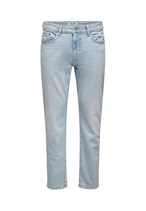 Lichtblauwe rechte jeans met voorzakken, riemlussen en een knoopsluiting aan de taille.