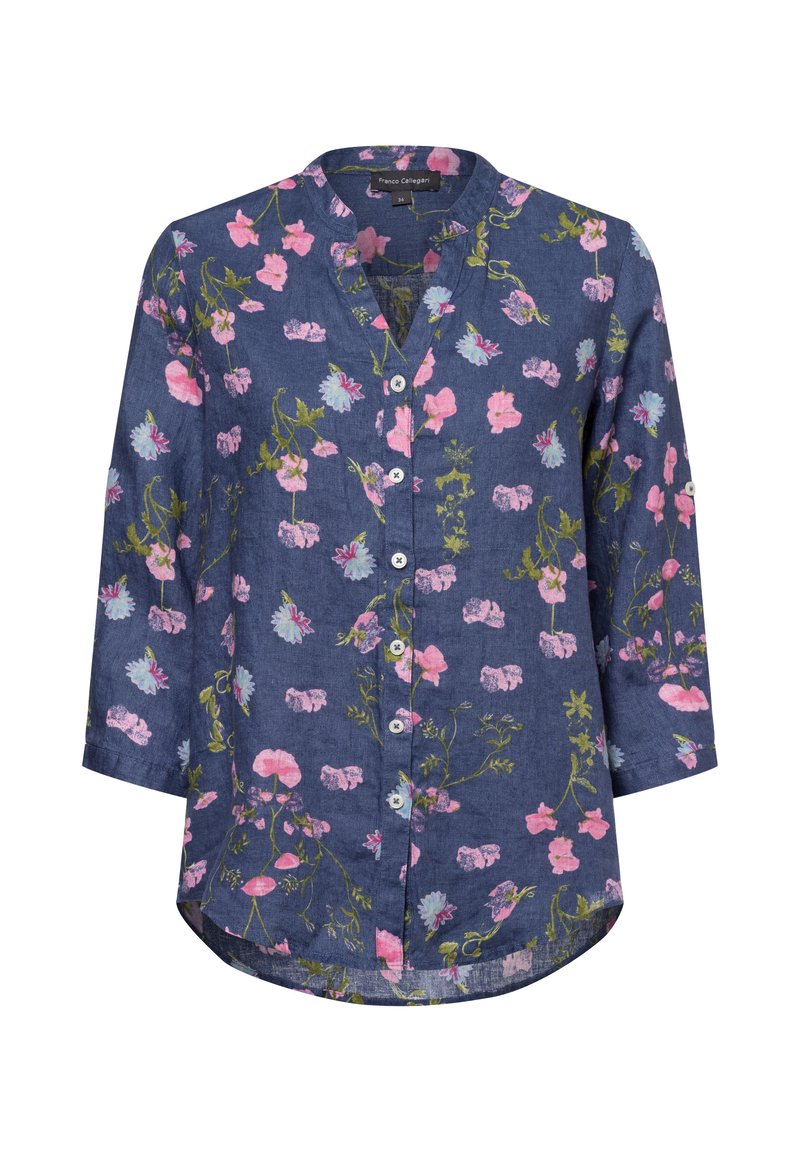 Blütendruck-Hemd in navyblauem Leinen mit rosa, grünen und blauen Blumenmustern. Mit Kragen und Dreiviertelärmeln.