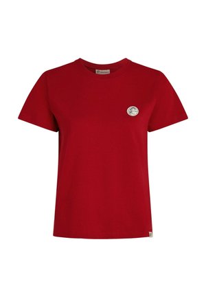 Maglietta rossa in cotone con scollo rotondo, maniche corte e piccolo logo circolare sul petto a sinistra. Tessuto liscio e vestibilità classica.