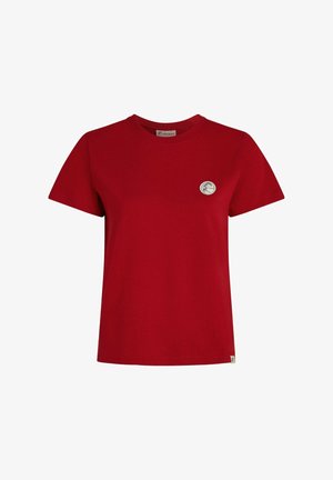 Maglietta rossa in cotone con scollo rotondo, maniche corte e piccolo logo circolare sul petto a sinistra. Tessuto liscio e vestibilità classica.