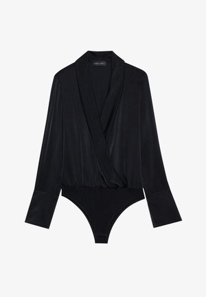 Black long-sleeve bodysuit with a wrap design, made of smooth fabric. Features a deep neckline and fitted bodice with a classic cut bottom.