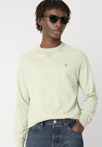 Sweatshirt tricotat de culoare verde deschis, cu guler rotund și manșete raglan, având o textură subtilă și un mic logo brodat pe piept. Purtați cu blugi de culoare închisă.