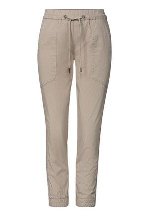 Pantalon beige décontracté à cordon avec taille élastique, poches avant et bas élastiques.