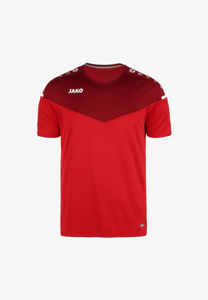 Maillot de sport rouge en tissu respirant, avec un design triangulaire rouge foncé sur la partie supérieure et des accents blancs sur les épaules.