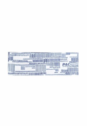 White rectangular headband with scattered vertical and horizontal navy blue dash patterns and "P.A.C." logo on the right side.