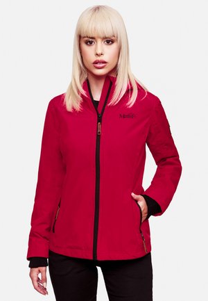 Red waterproof jacket with a zip front, black accents, and zipped pockets, featuring a logo on the left chest and elastic cuffs.